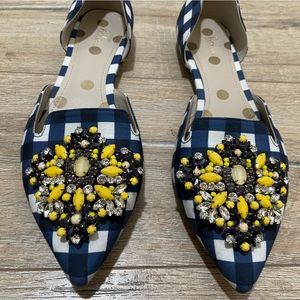 Boden Leah Embellished Pointed shoes, navy gingham with yellow embellishment